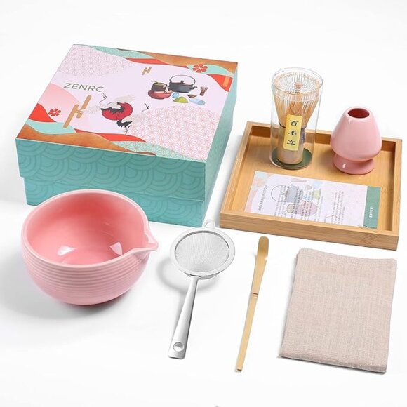 ZENRC Ceremony Matcha Kit 7 Piece Traditional Bamboo Accessories in Pink New - Picture 1 of 6